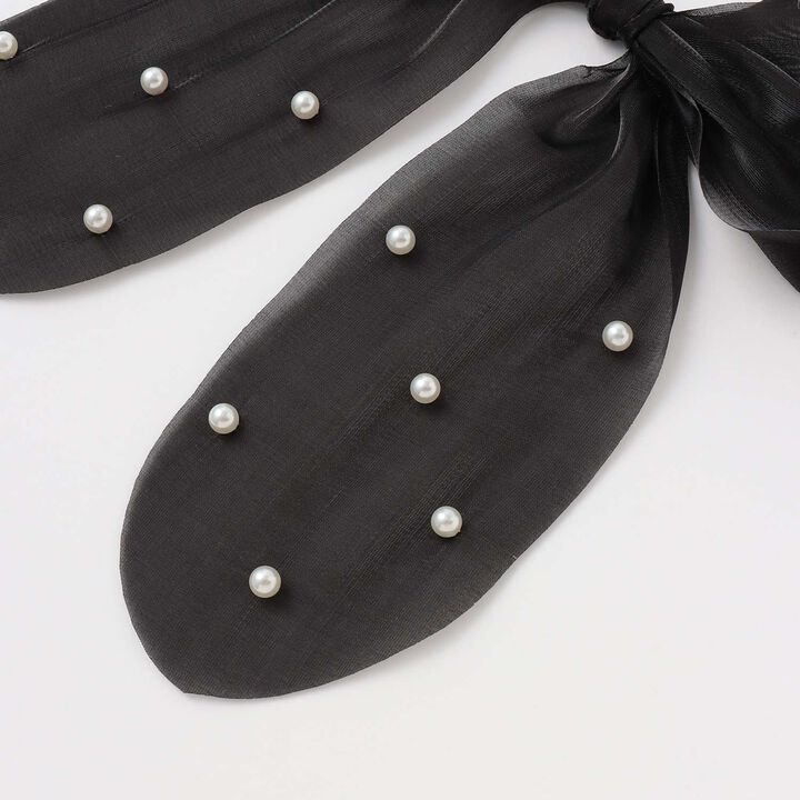 Sheer Pearl Ribbon Hair Tie,Black, medium image number 3