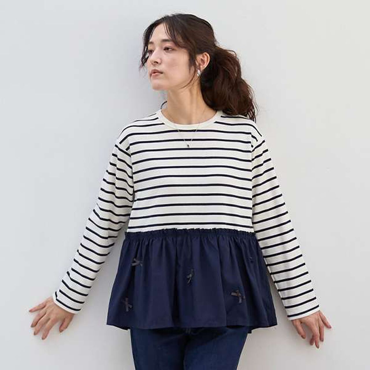 [Link] Ribbon Peplum Long T-Shirt,Ivory, large image number 1