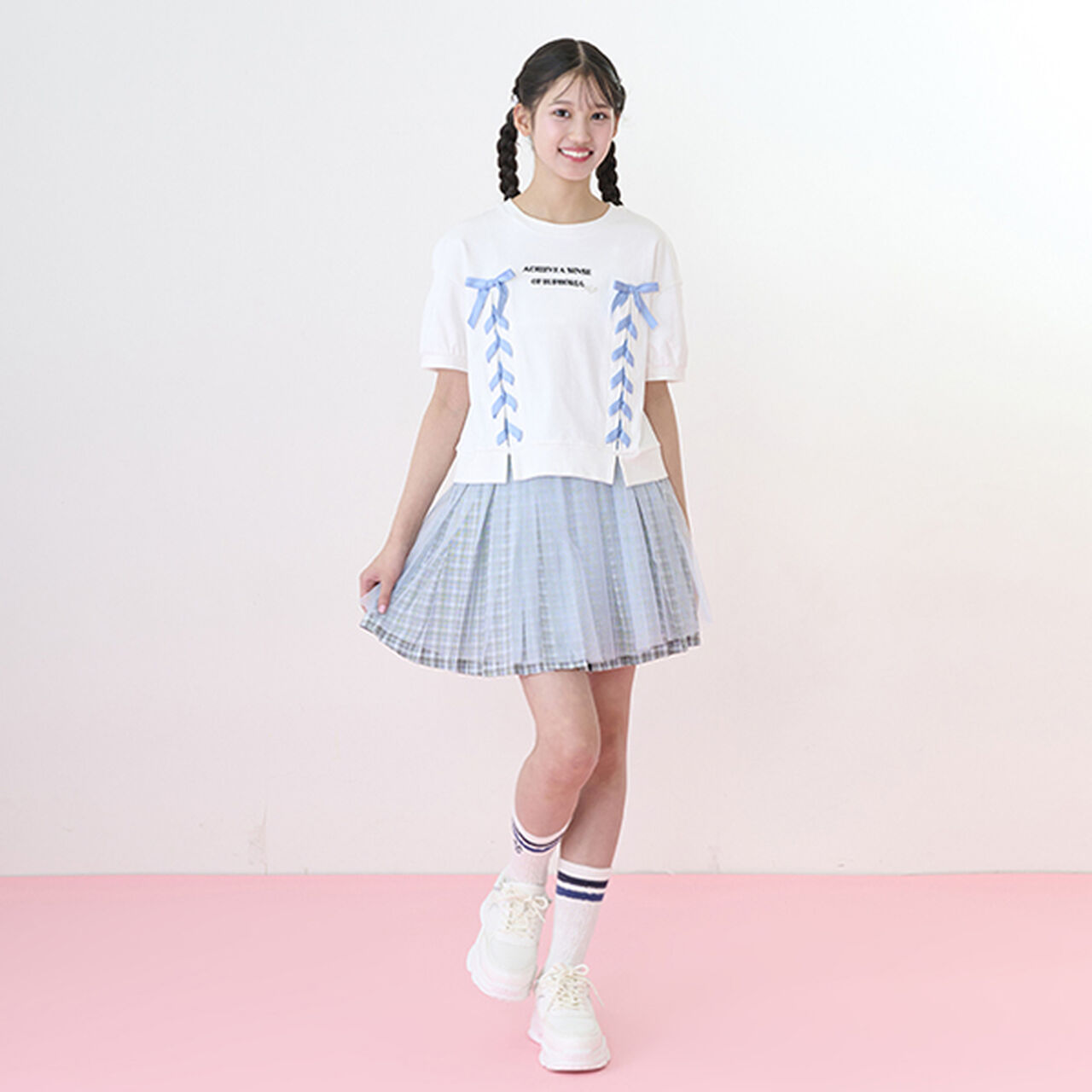 Checkered Box Pleated Skirt-Pants & Tulle Skirt Set,Black, large image number 28