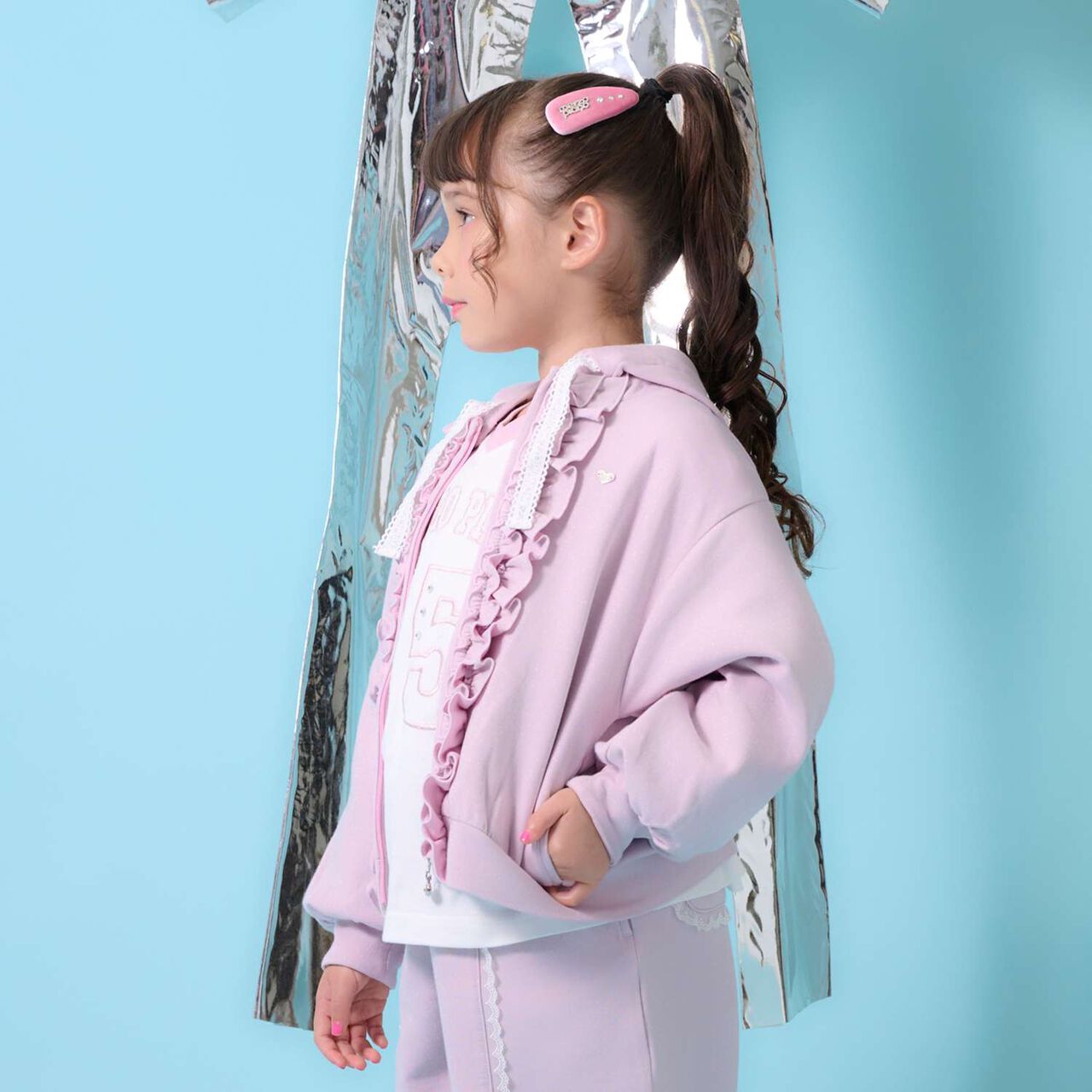 Lame Cardboard Frill Zip Parka,Pink, large image number 14