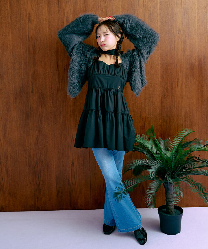 Tie-Front Gathered One-Piece Dress [Korean Fashion],Black, medium image number 5