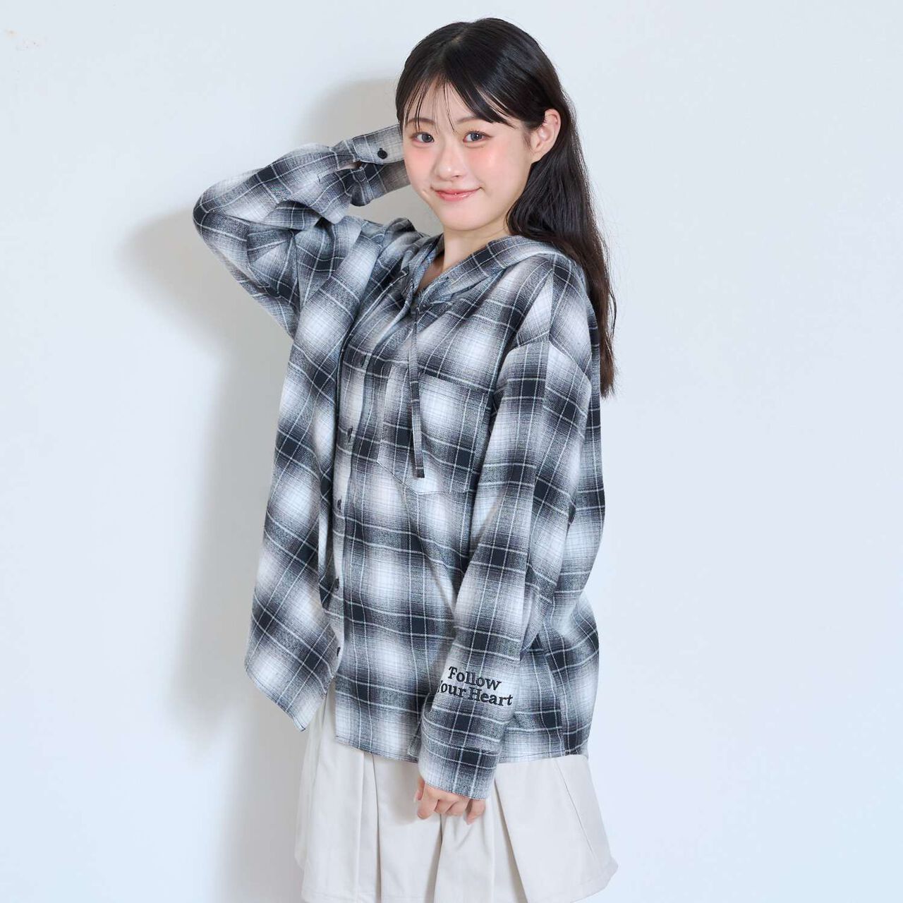 [LTXC] 格紋連帽寬鬆襯衫外套,黑色, large image number 7