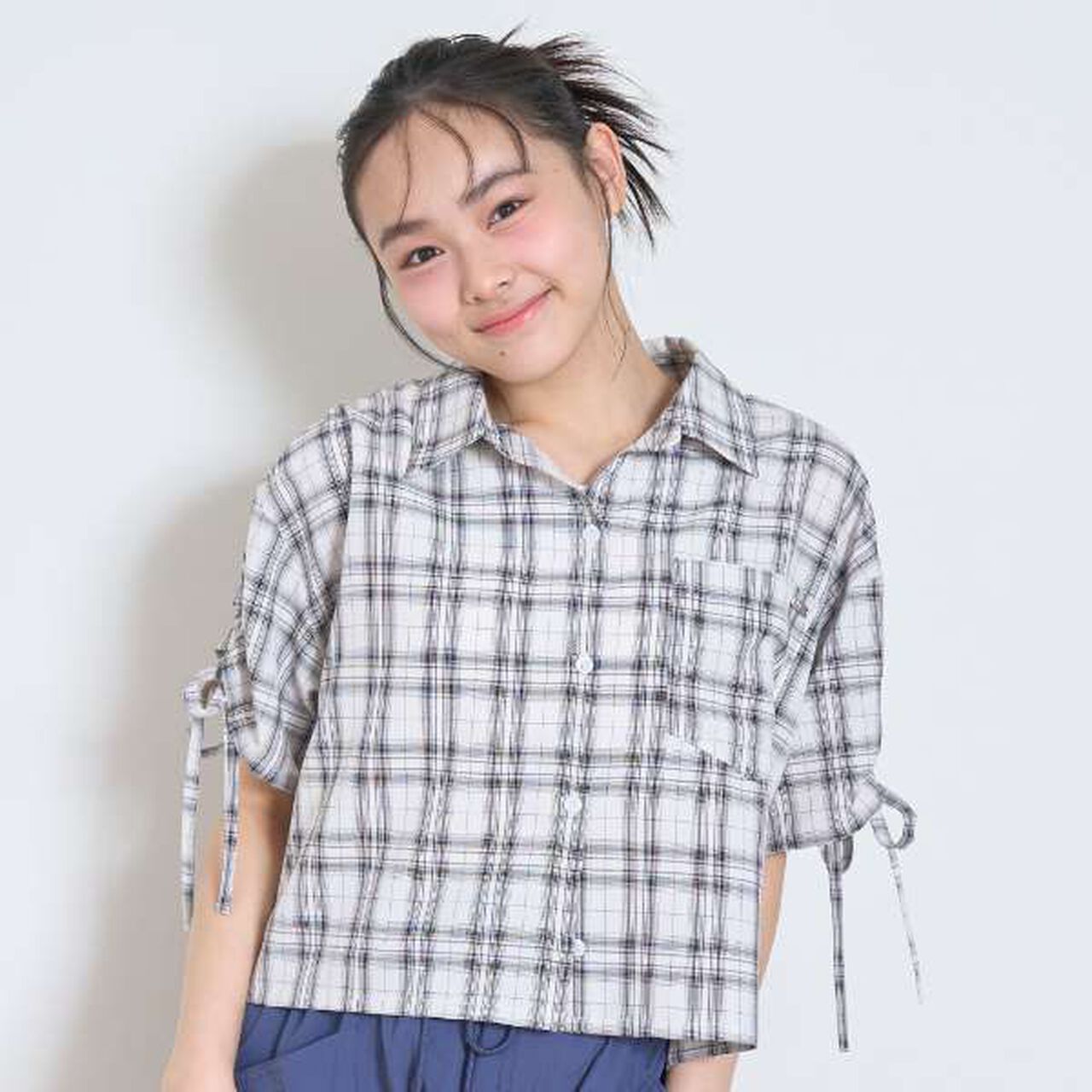 Drawstring Short-Sleeve Checkered Shirt,Blue, large image number 1