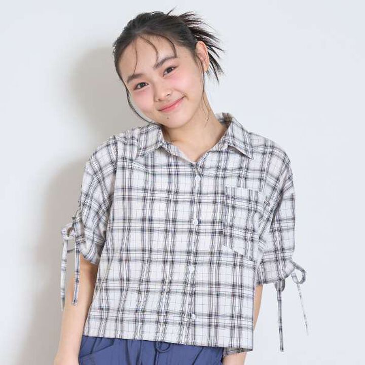 Drawstring Short-Sleeve Checkered Shirt,Blue, medium image number 1