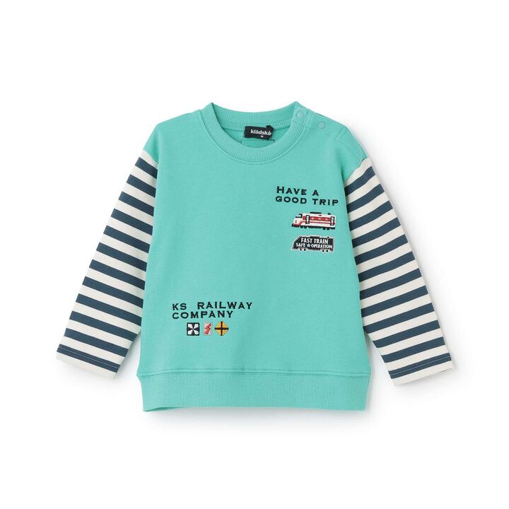 [Restock] Stripe Pattern Sweatshirt with Train Sleeves,Turquoise, medium image number 0