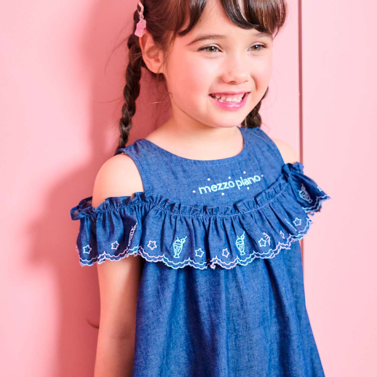 Cutwork Embroidery 2WAY Shoulder-Opening Denim One-Piece Dress [Cool Touch],Sax blue, large image number 3