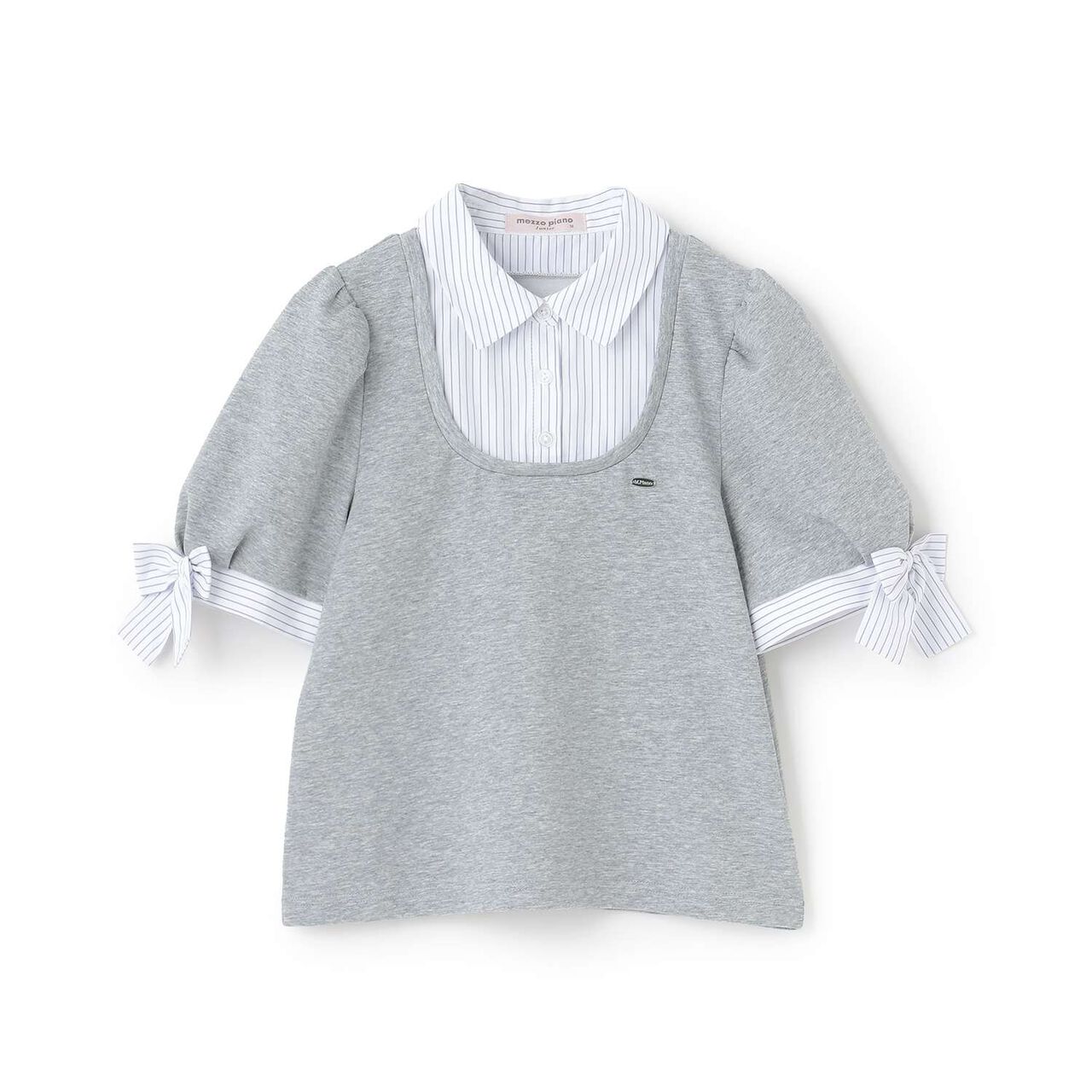 Sleeve Ribbon Fabric Docking T-Shirt,Navy, large image number 7