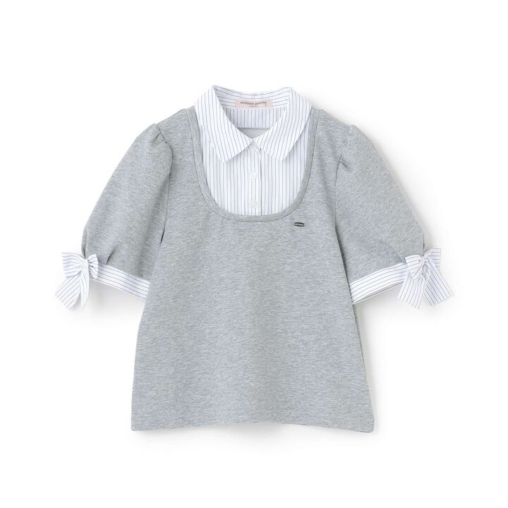 Sleeve Ribbon Fabric Docking T-Shirt,Navy, medium image number 7