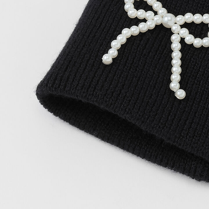 Knit Cap with Pearl Ribbon,Black, medium image number 3