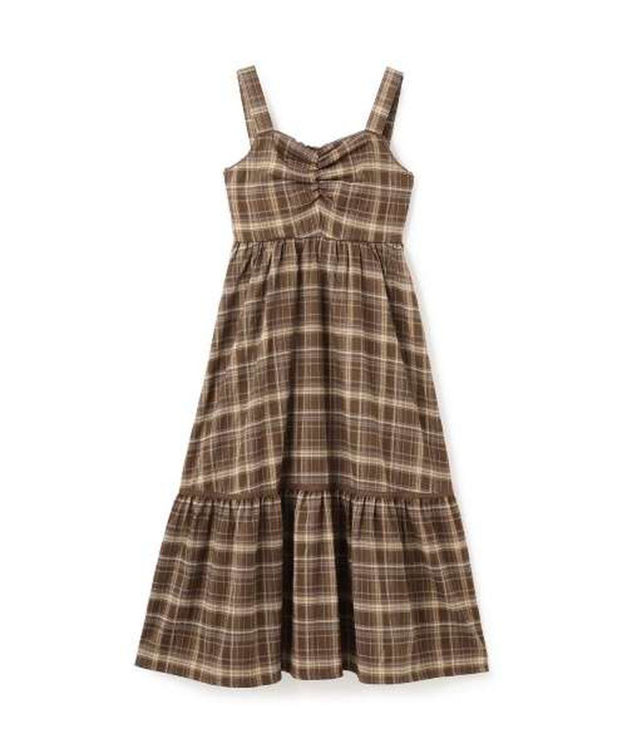Gathered Checkered One-Piece Dress [Korean Fashion],Brown, large image number 0