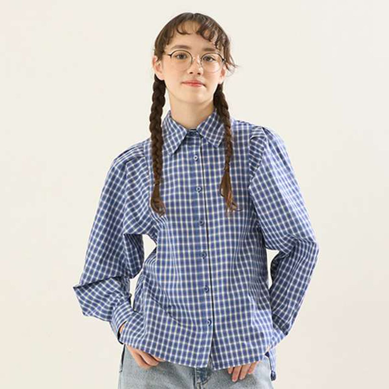 [AMI] Volume Sleeve Check Blouse,Deep blue, large image number 0