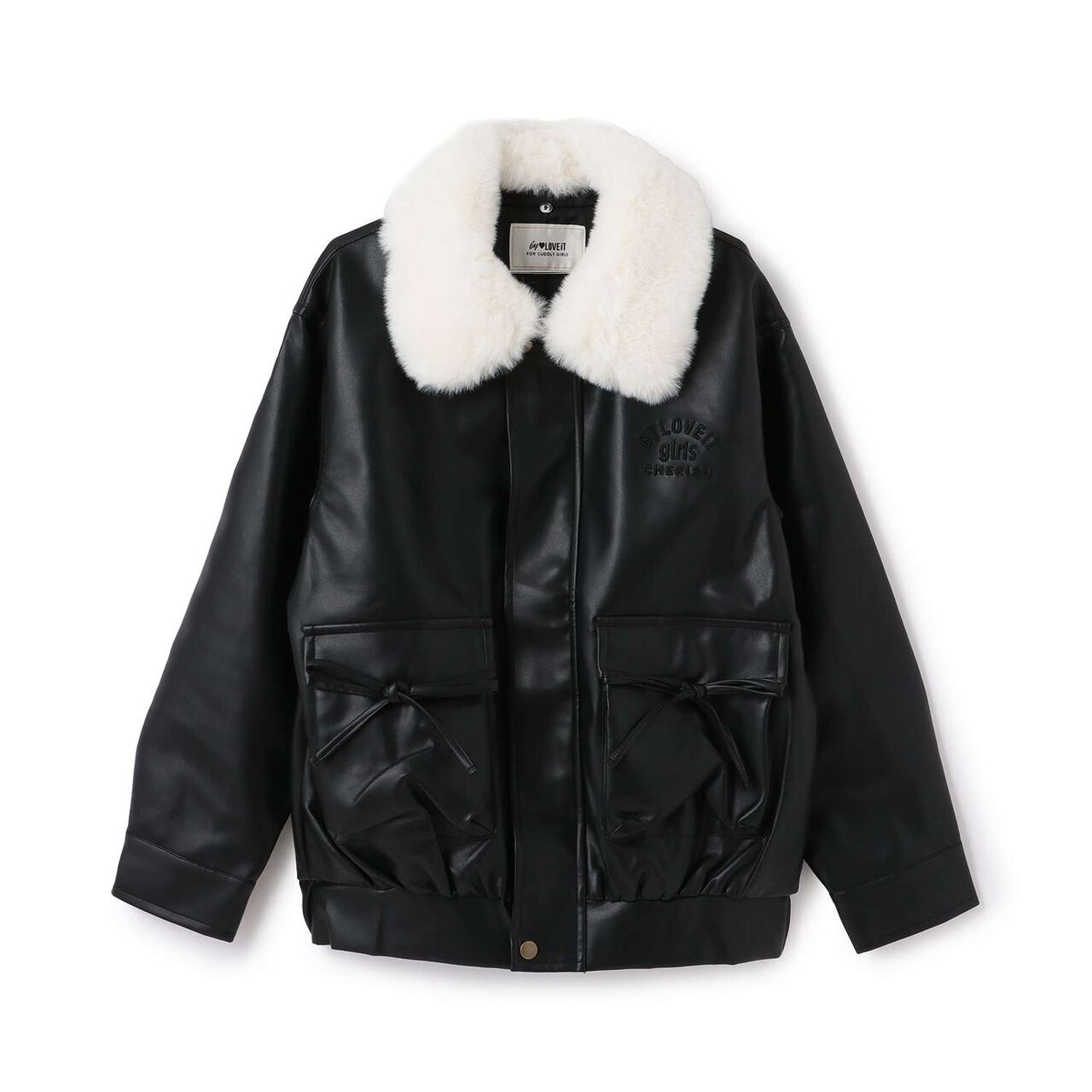 Faux Leather Jacket with Fur Collar,Black, large image number 6