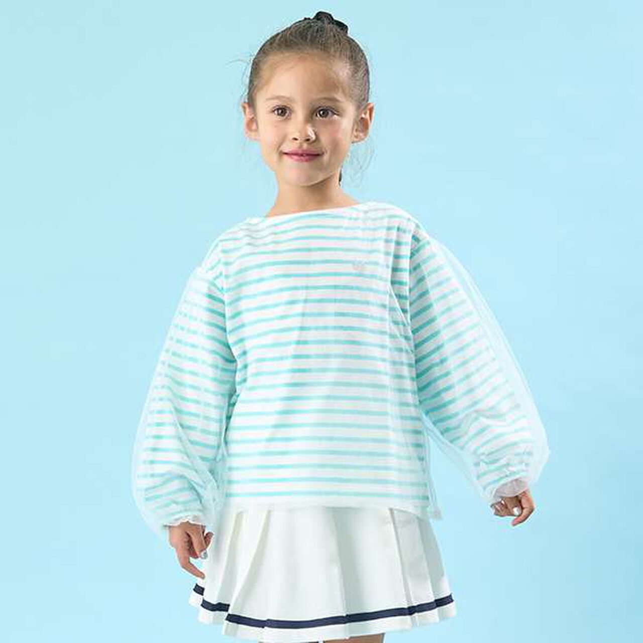 Soft Cotton Tulle Layered Stripe Boat Neck T-Shirt,Blue, large image number 27