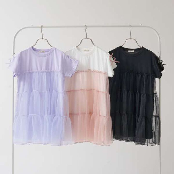 [Cool Touch] Tiered Tulle T-Shirt Dress,Black, medium image number 1