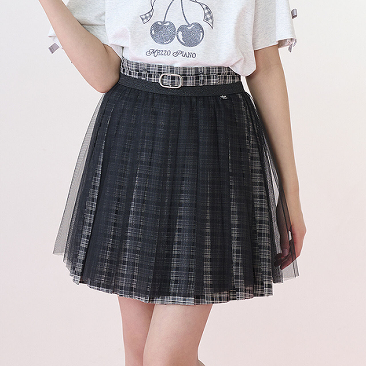 Checkered Box Pleated Skirt-Pants & Tulle Skirt Set,Black, large image number 0