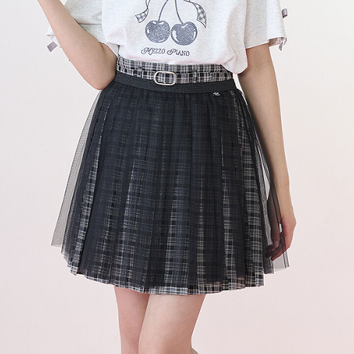 Checkered Box Pleated Skirt-Pants & Tulle Skirt Set,Black, medium image number 0