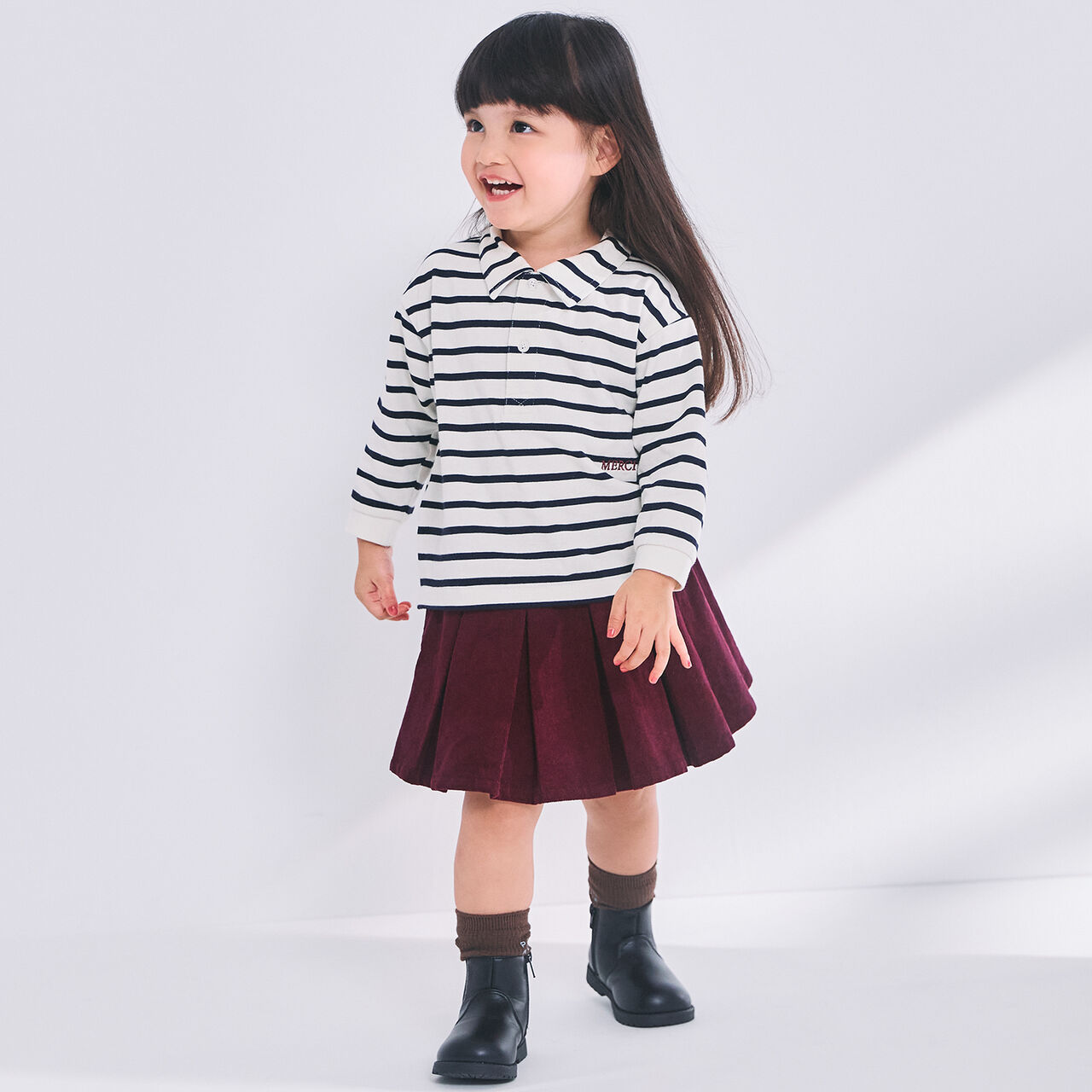 Stripe Polo Collar Long-Sleeve T-Shirt,Ivory, large image number 1