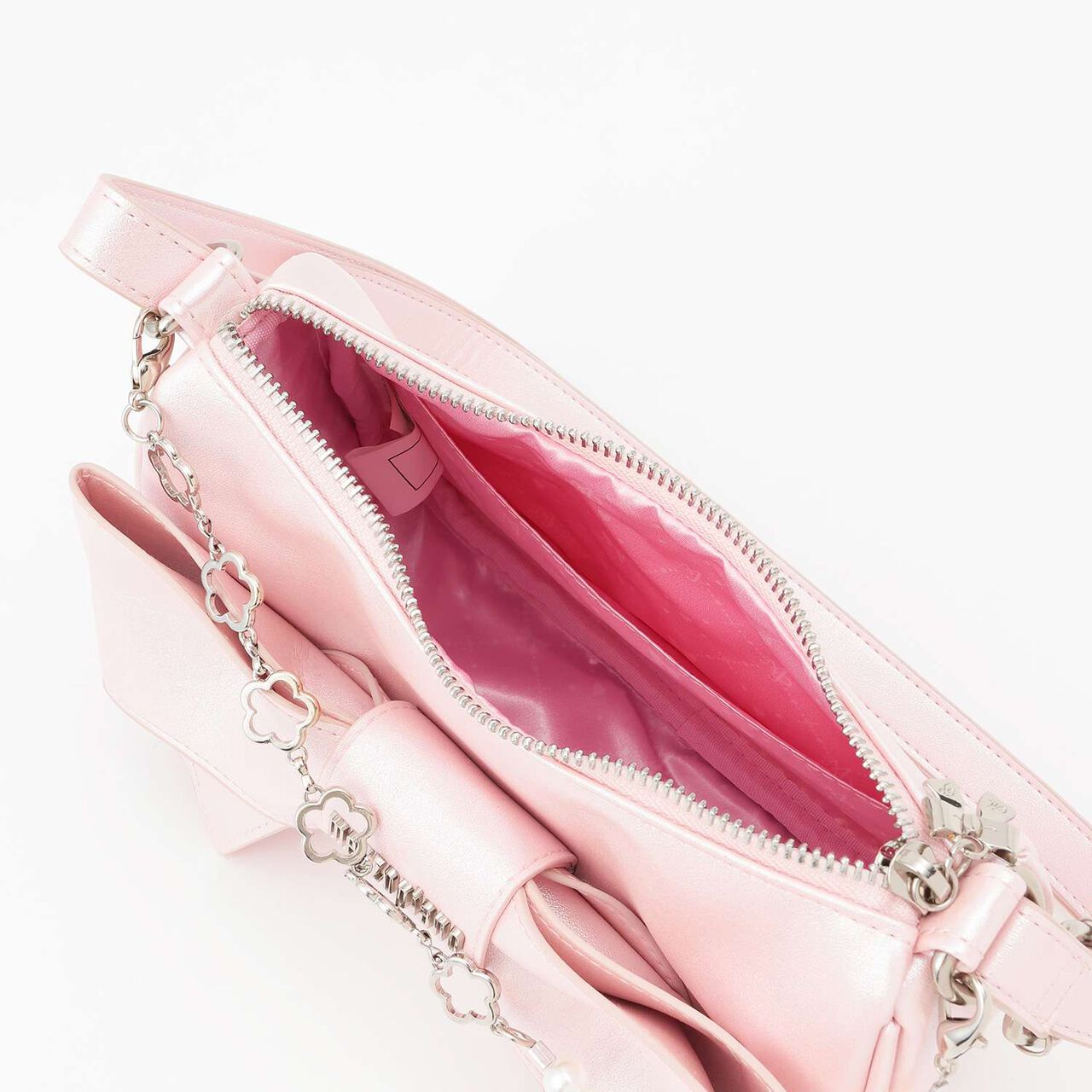 Chain-Decorated Ribbon Shoulder Bag,Light pink, large image number 4