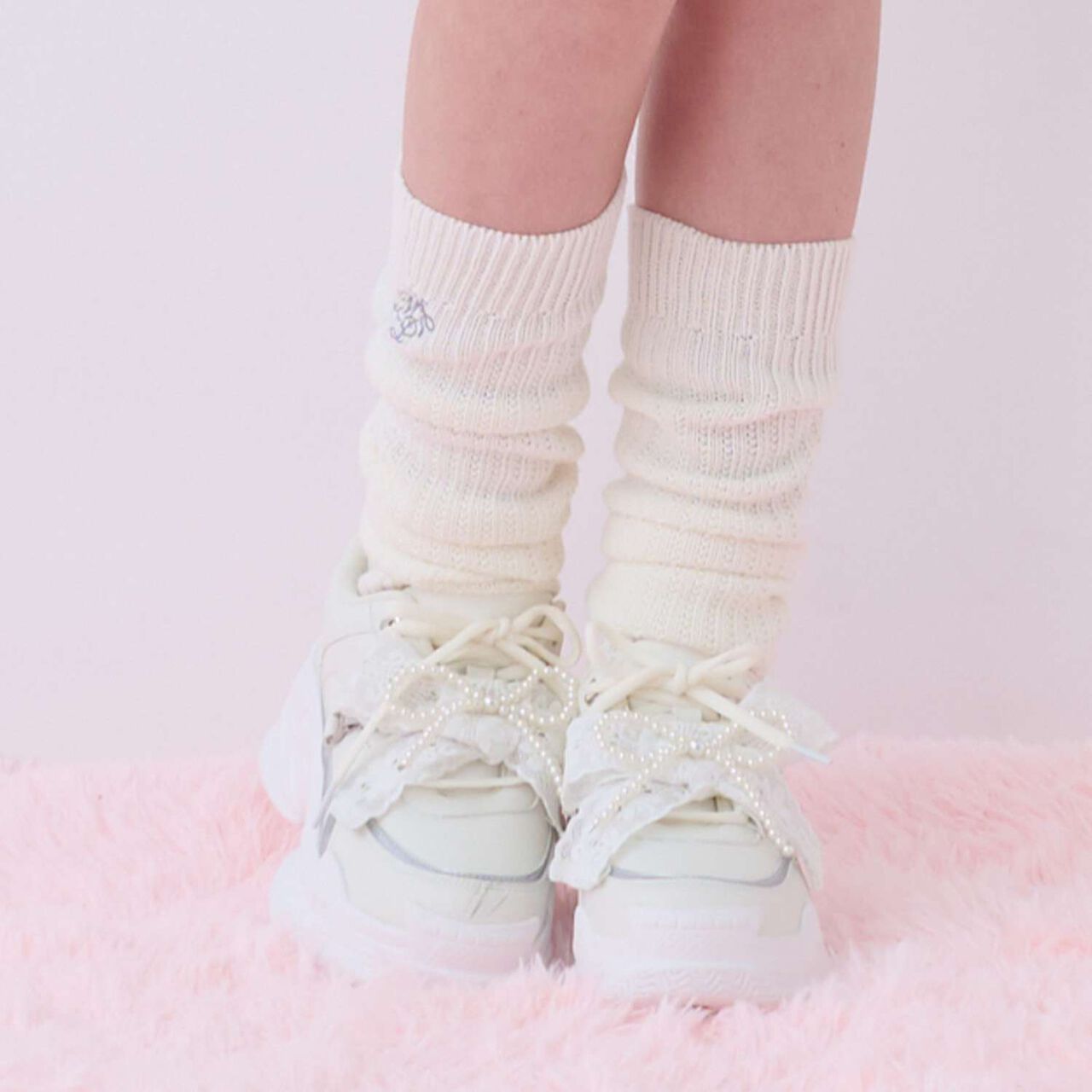 Pearl Lace Ribbon Dad Sneakers,Black, large image number 3
