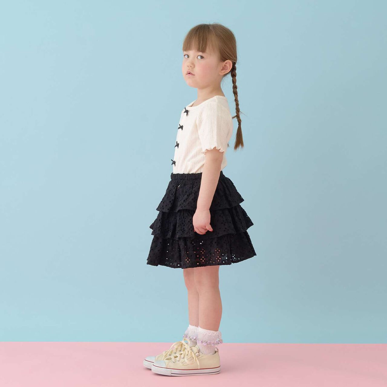 [100% Cotton] Cotton Lace Tiered Skirt with Inner Shorts [Kids Girls],Pearl white, large image number 17