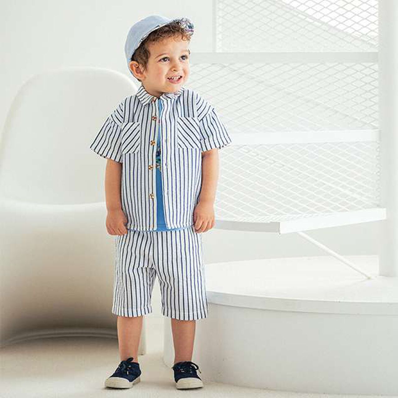 Stripe Short-Sleeve Outfit Set,Off white, large image number 0